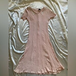 Vintage 1990s Pastel Pink Bias Cut Lace Collar Pleated Dress Coquette